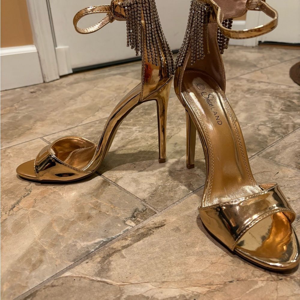Shoe Land Rose Gold High Heels with Rhinestone Details Size 10